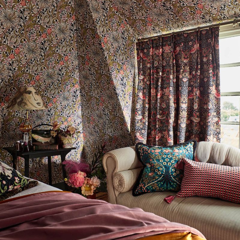 Strawberry Thief Fabric - Chocolate/Slate - Morris & Co - 220311 - Premier Wallcovering