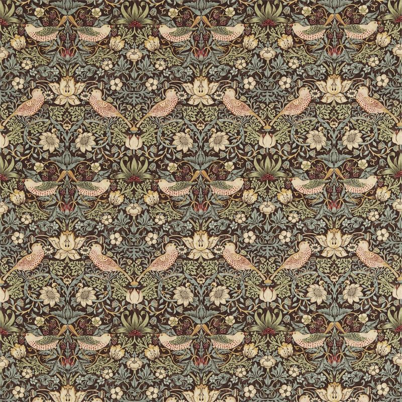 Strawberry Thief Fabric - Chocolate/Slate - Morris & Co - 220311 - Premier Wallcovering