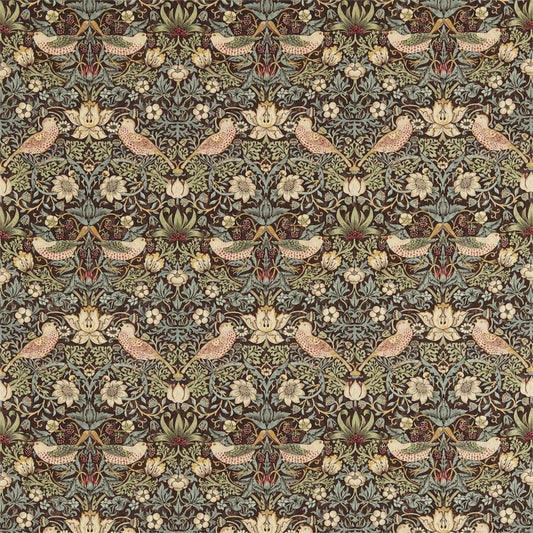 Strawberry Thief Fabric - Chocolate/Slate - Morris & Co - 220311 - Premier Wallcovering