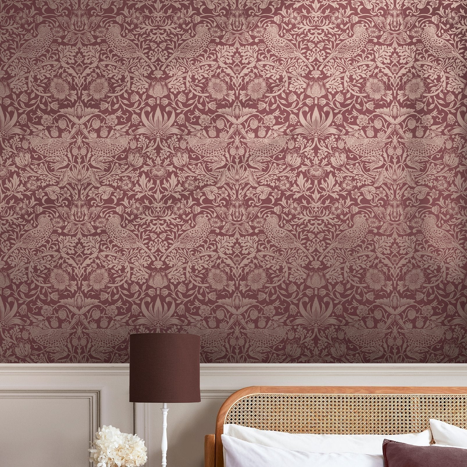 Strawberry Thief Fibrous Wallpaper - Burgundy - 124235 - William Morris AH - Premier Wallcovering