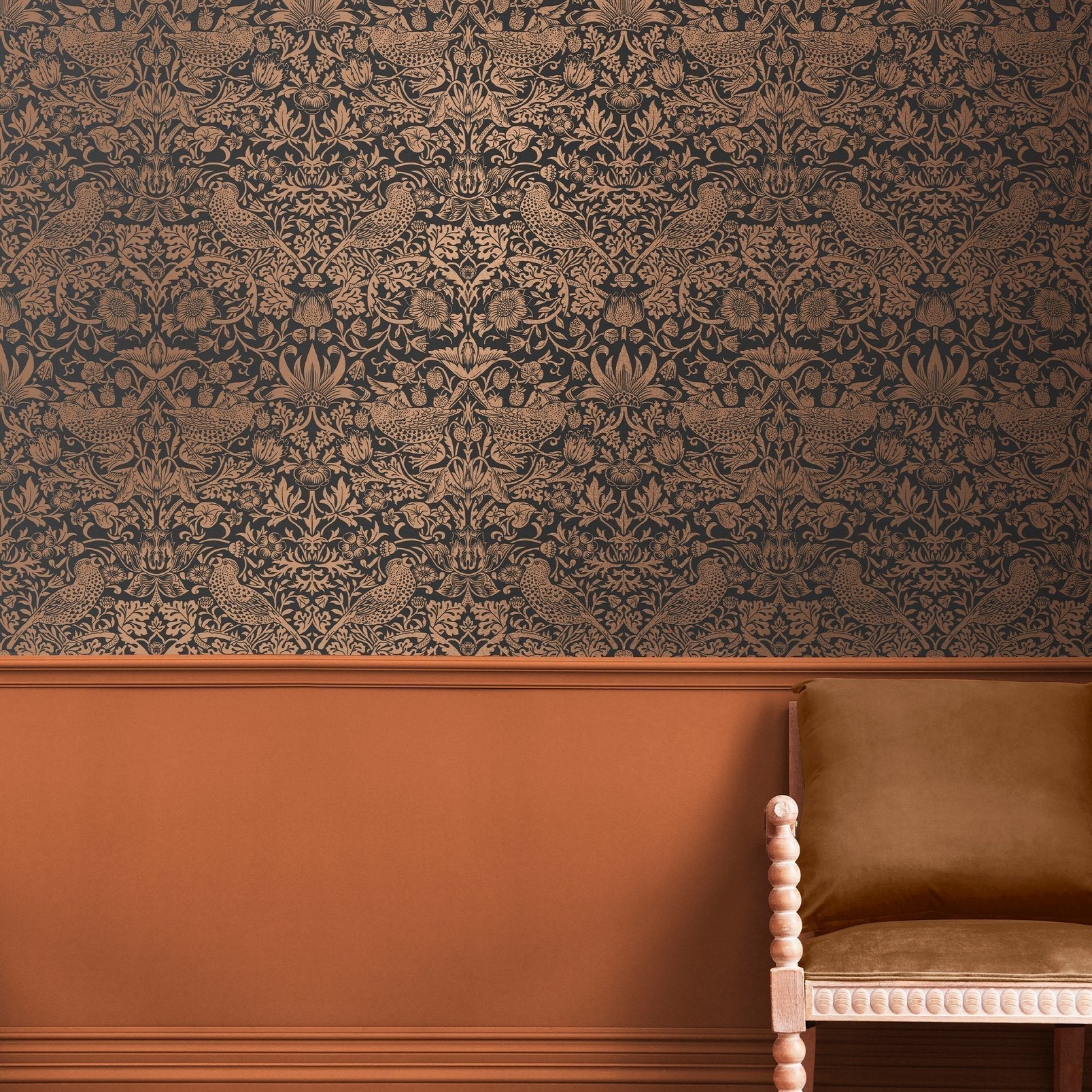 Strawberry Thief Fibrous Wallpaper - Charcoal - 124236 - William Morris AH - Premier Wallcovering