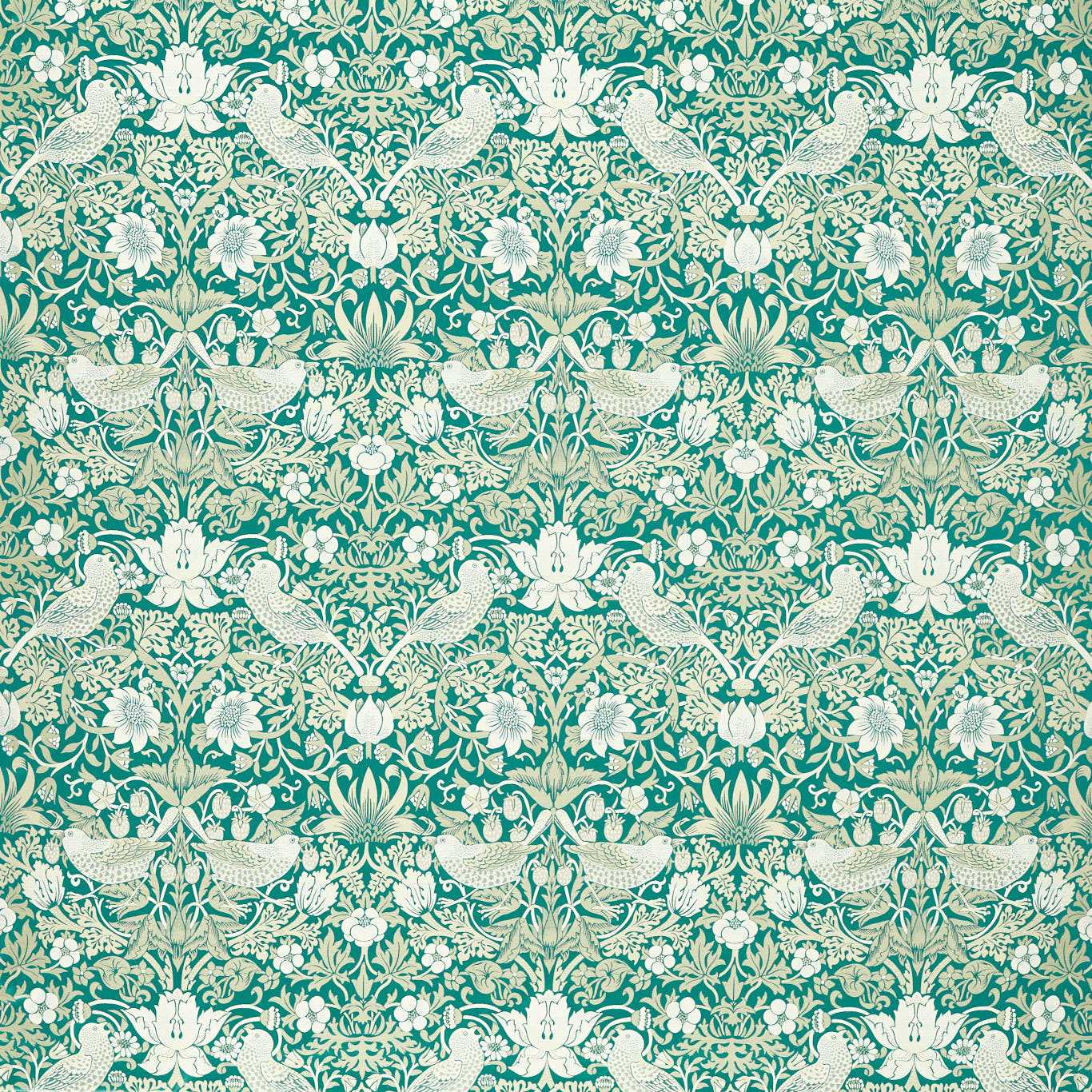 Strawberry Thief Jacquard Fabric - Teal - Clarke & Clarke - F1746/06 - Morris Wallpaper