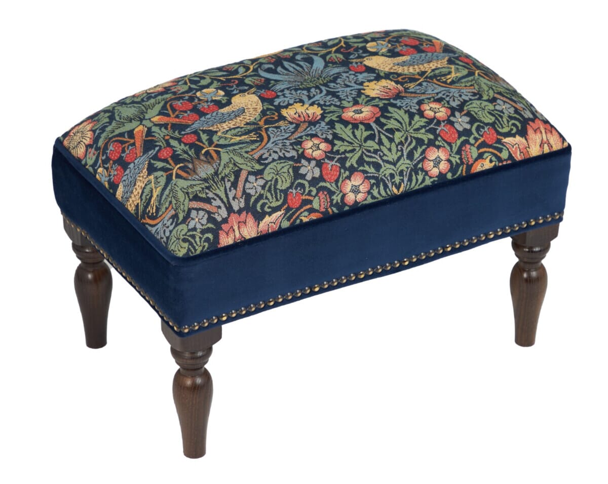 Strawberry Thief Midnight Upholstered Stool with Velvet Sides - Hines of Oxford - ASM927 - Morris Wallpaper