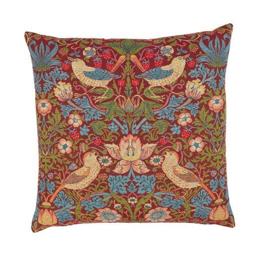 Strawberry Thief Red Tapestry Cushion with Feather Filler - Hines - 1073-1 - Morris Wallpaper
