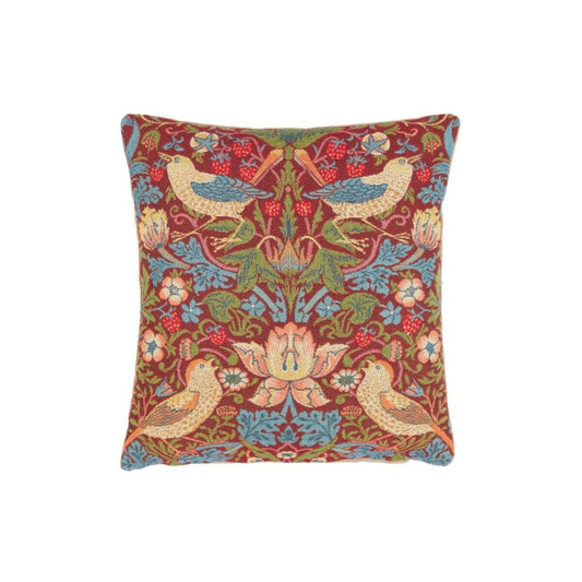 Strawberry Thief Red Tapestry Cushion with Feather Filler - Hines - 1073M - Morris Wallpaper