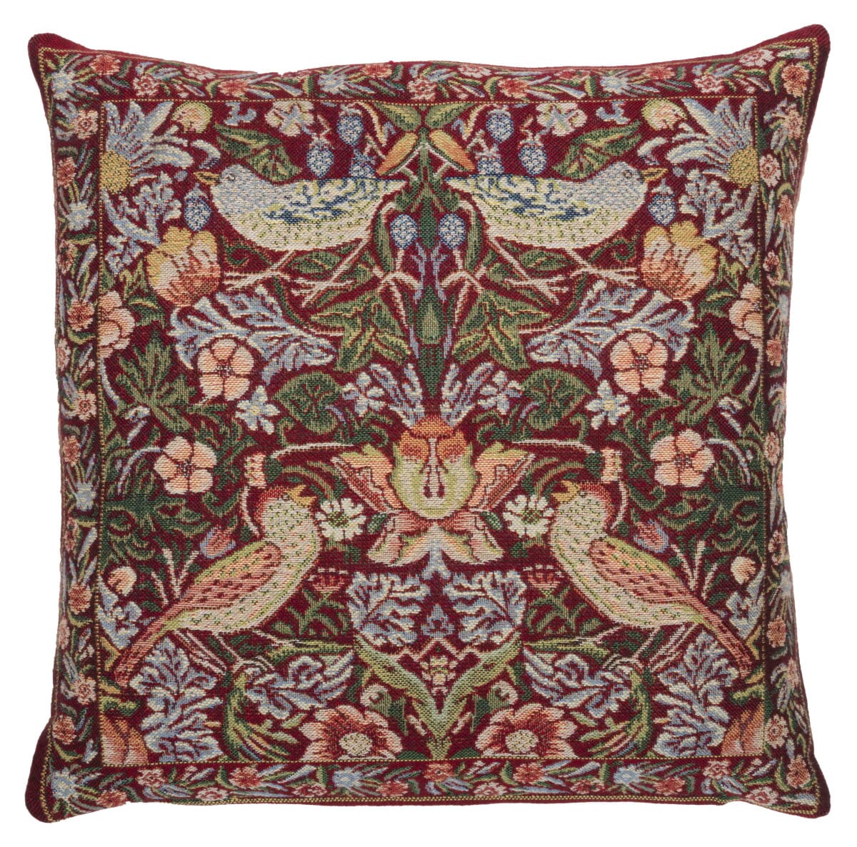 Strawberry Thief Red Tapestry Cushion with Feather Filler - Hines - 826 - Morris Wallpaper