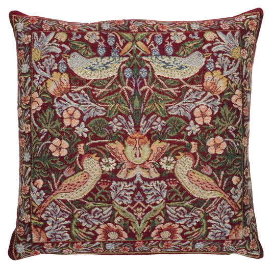Strawberry Thief Red Tapestry Cushion with Feather Filler - Hines - 826 - Morris Wallpaper