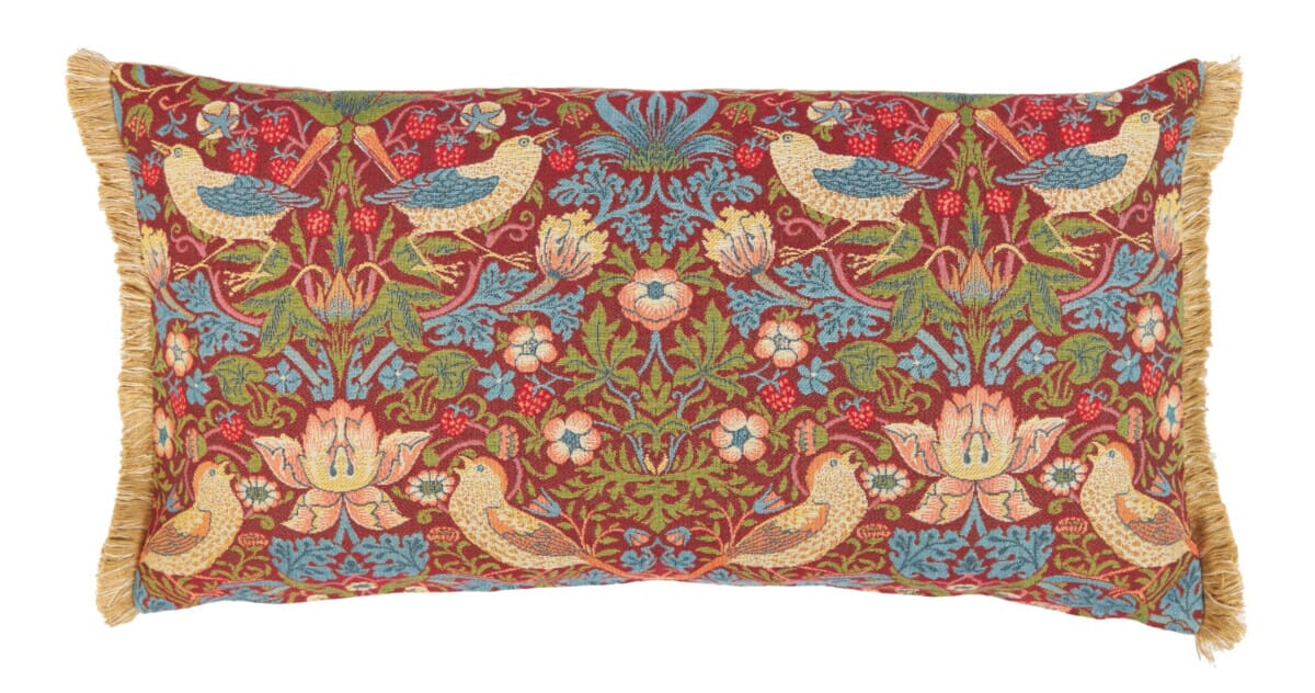 Strawberry Thief Red Tapestry Cushion with Gold Fringe with Feather Filler - Hines - 1073L - Morris Wallpaper