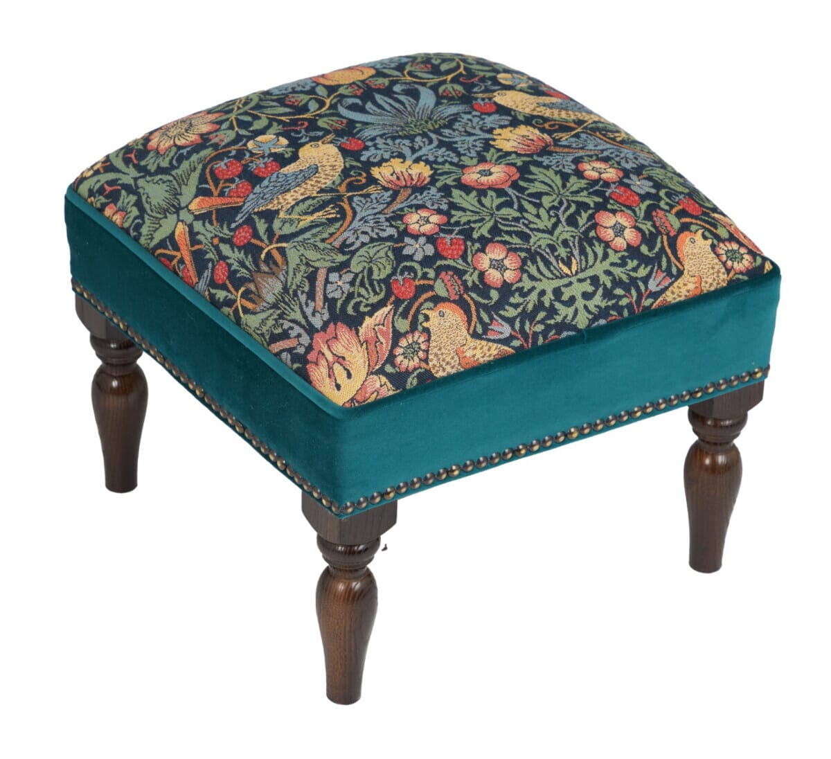 Strawberry Thief Teal Upholstered Stool with Velvet Sides - Hines of Oxford - AST927 - Morris Wallpaper