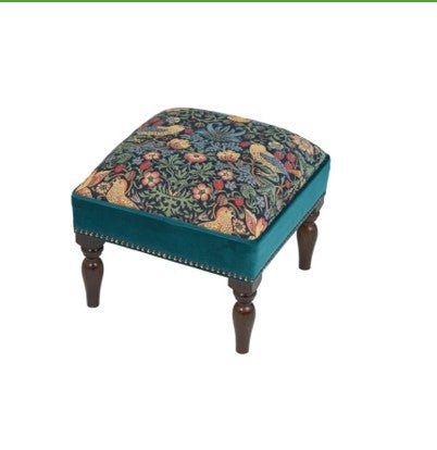 Strawberry Thief Teal Upholstered Stool with Velvet Sides - Hines of Oxford - AST927 - Morris Wallpaper
