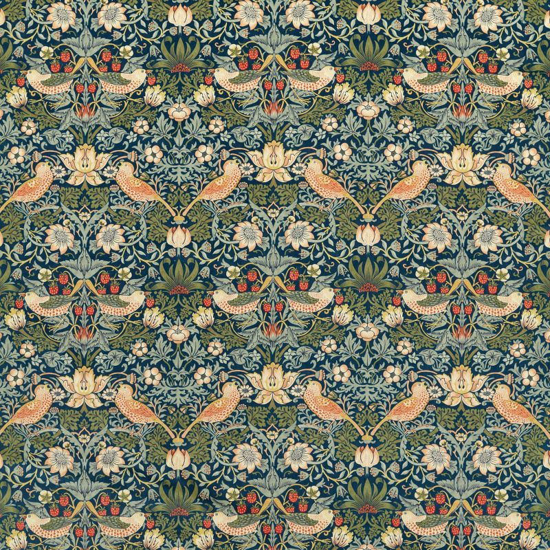 Strawberry Thief Velvet Fabric - Indigo/Thyme - Morris & Co - 236932 - Premier Wallcovering