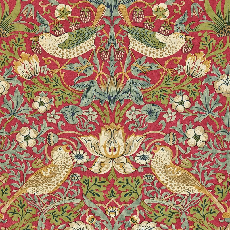 Strawberry Thief Wallpaper - Crimson/Slate - Morris & Co - 216848 - Morris Wallpaper