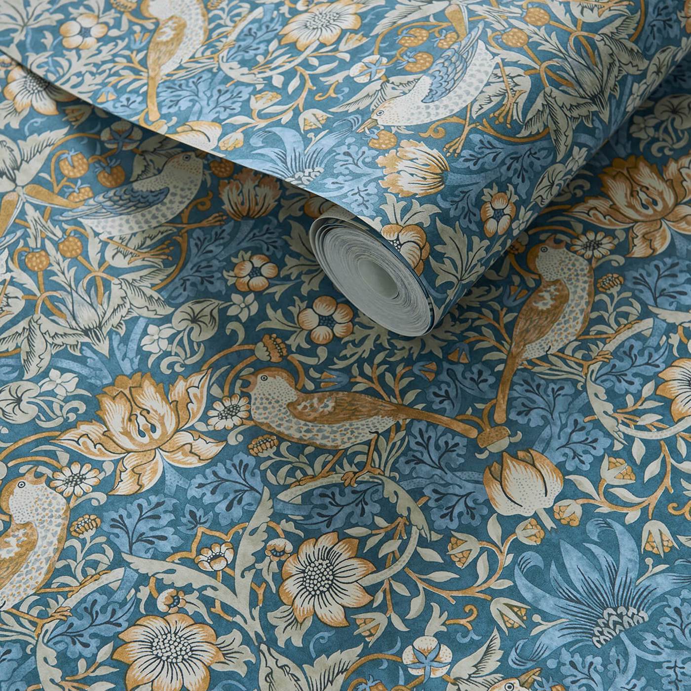 Strawberry Thief Wallpaper - Denim/Spice - Clarke & Clarke - W0171/02 - Morris Wallpaper
