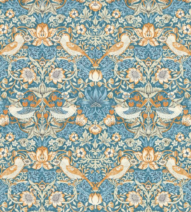 Strawberry Thief Wallpaper - Denim/Spice - W0171/02 - Clarke & Clarke - Morris Wallpaper