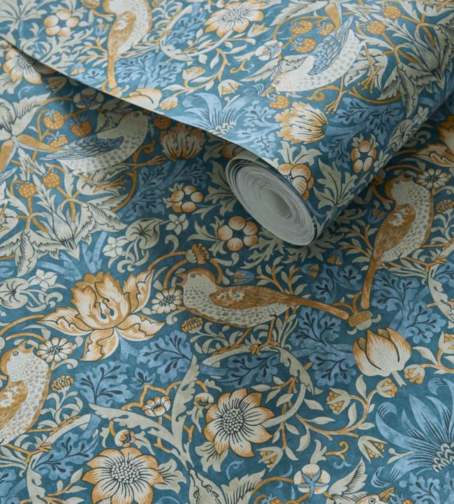 Strawberry Thief Wallpaper - Denim/Spice - W0171/02 - Clarke & Clarke - Morris Wallpaper