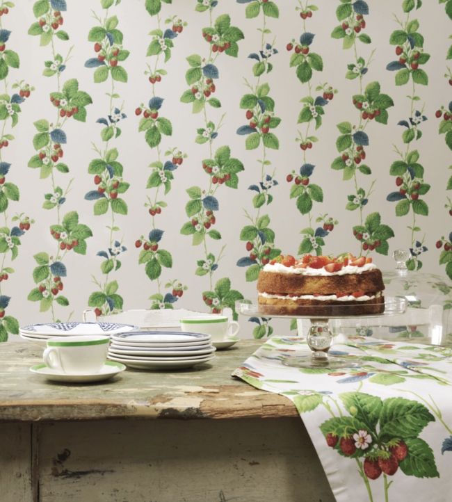 Summer Strawberries Wallpaper - Strawberry/Sky - DVIN214591 - Sanderson - Morris Wallpaper