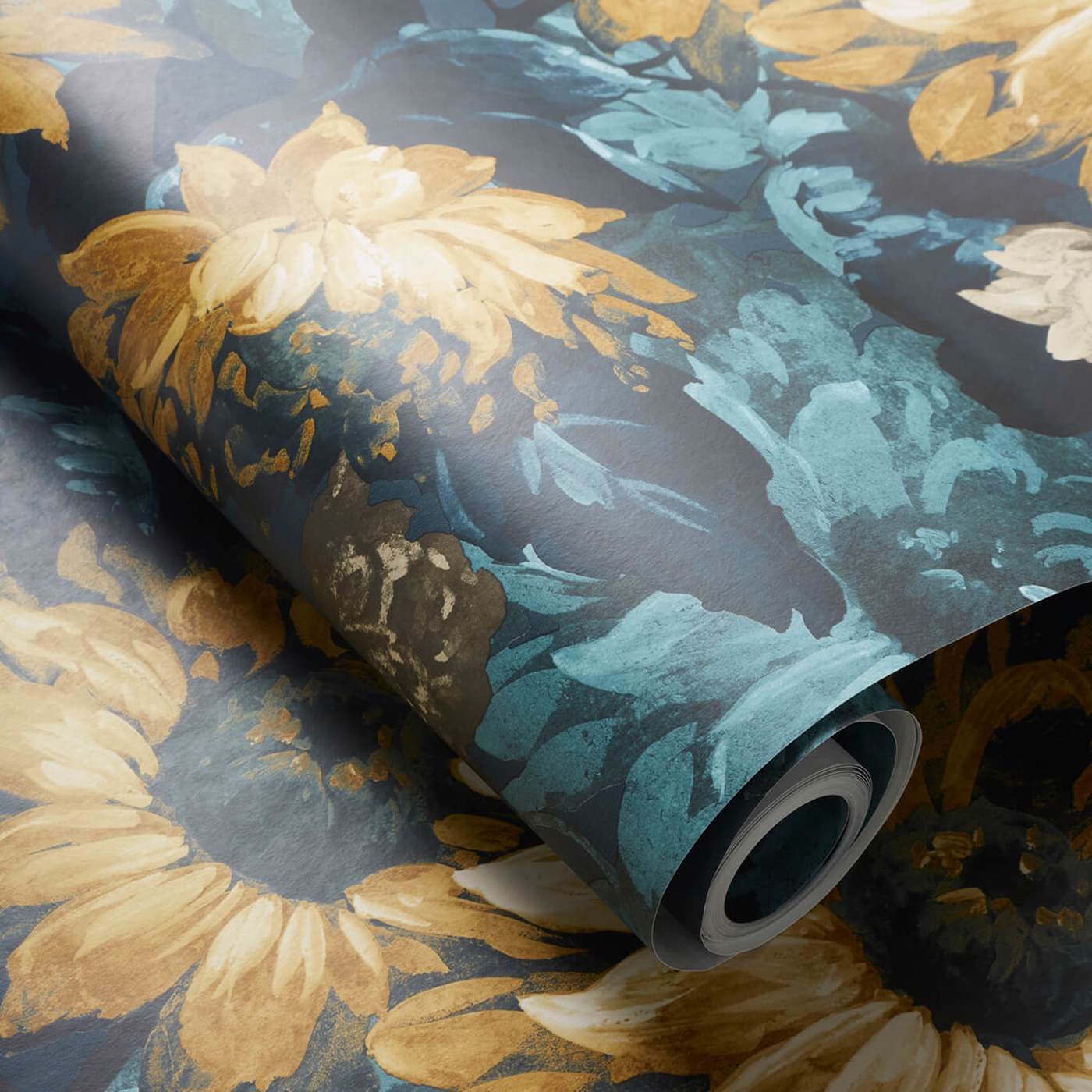 Sunforest Wallpaper - Denim/Ochre - Clarke & Clarke - W0162/01 - Morris Wallpaper
