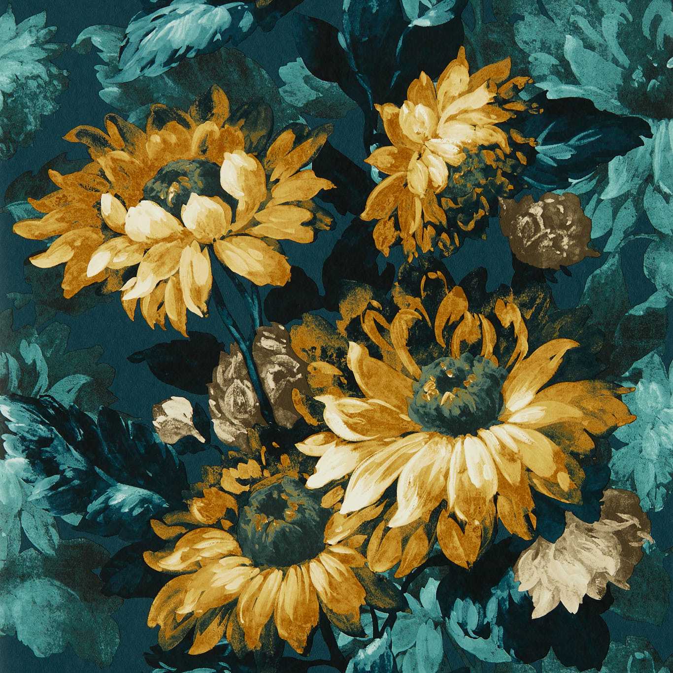 Sunforest Wallpaper - Denim/Ochre - Clarke & Clarke - W0162/01 - Morris Wallpaper