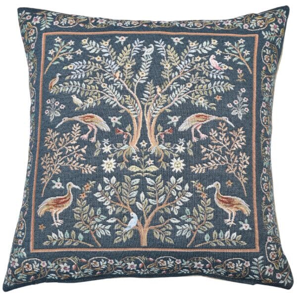 Trees & Birds Blue Tapestry Cushion with Feather Filler - Hines - 1264 - Morris Wallpaper