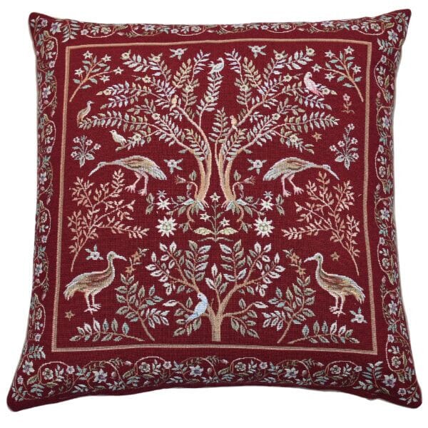 Trees & Birds Red Tapestry Cushion with Feather Filler - Hines - 1262 - Morris Wallpaper