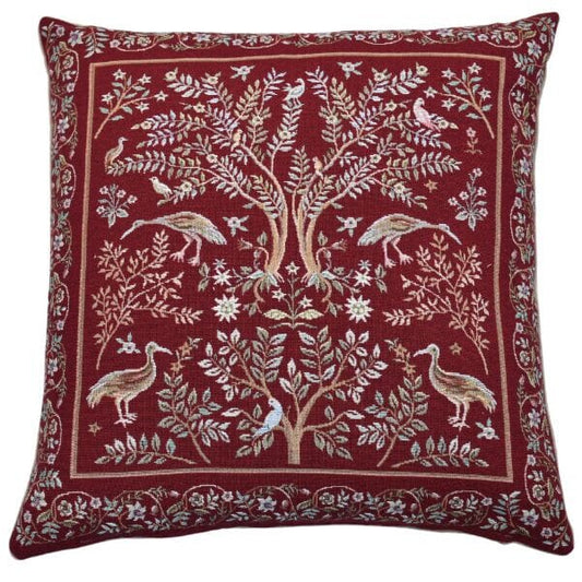 Trees & Birds Red Tapestry Cushion with Feather Filler - Hines - 1262 - Morris Wallpaper
