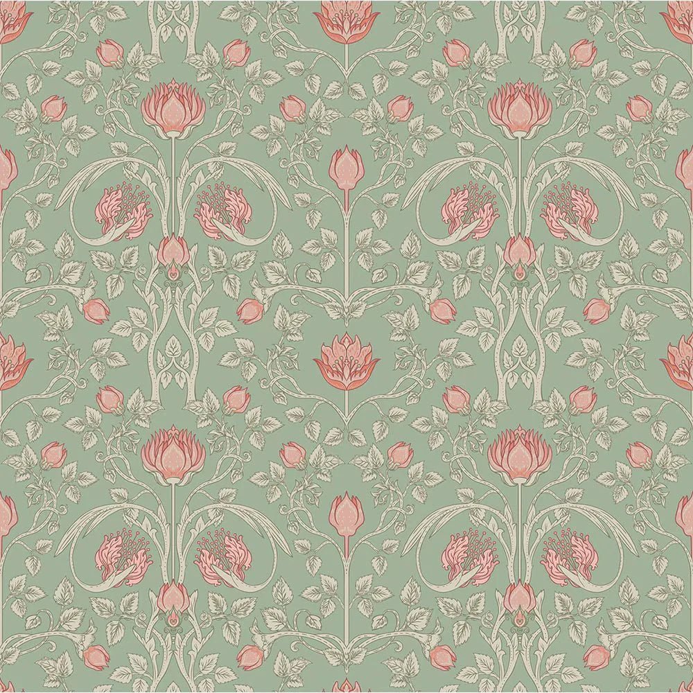 Tulip Garden Wallpaper - Blushing Peach on Green Tea - LAN100039 - Lucie Annabel - Premier Wallcovering