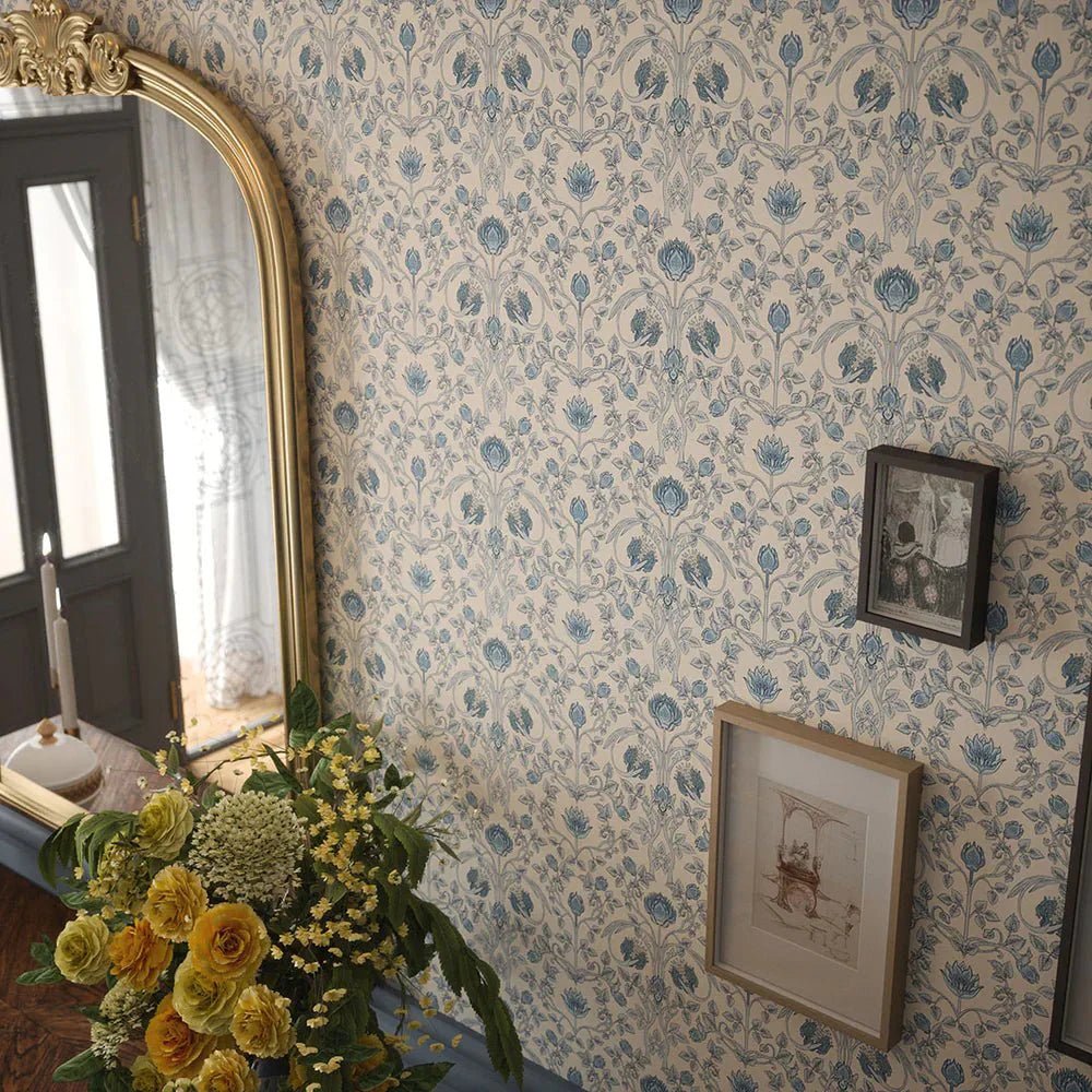 Tulip Garden Wallpaper - Cornflower Blue on Vintage Cream - LAN100037 - Lucie Annabel - Premier Wallcovering