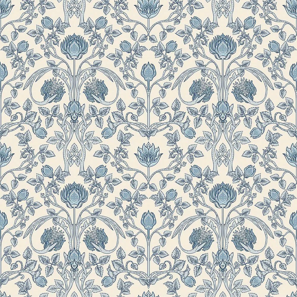 Tulip Garden Wallpaper - Cornflower Blue on Vintage Cream - LAN100037 - Lucie Annabel - Premier Wallcovering