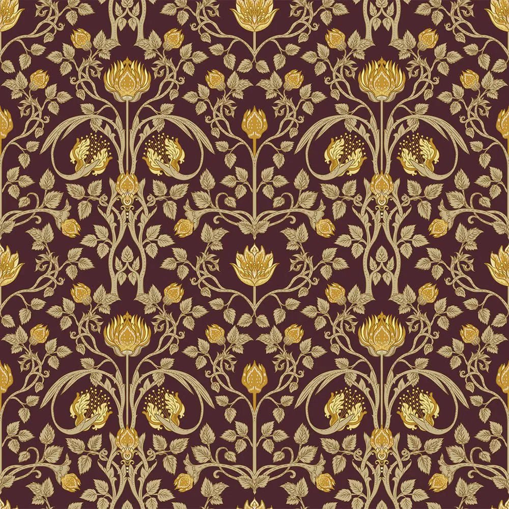 Tulip Garden Wallpaper - Gold on Bordeaux - LAN100040 - Lucie Annabel - Premier Wallcovering