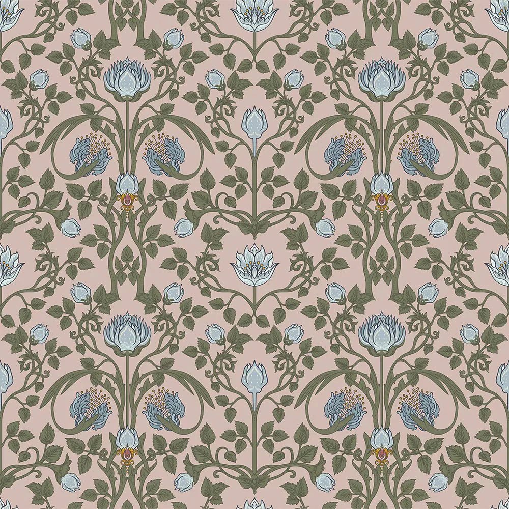 Tulip Garden Wallpaper - Mineral and Forest Green on Vintage Rose - LAN100038 - Lucie Annabel - Premier Wallcovering