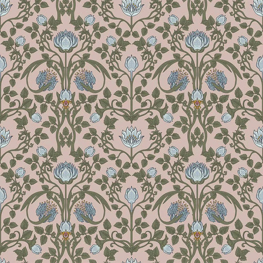 Tulip Garden Wallpaper - Mineral and Forest Green on Vintage Rose - LAN100038 - Lucie Annabel - Premier Wallcovering