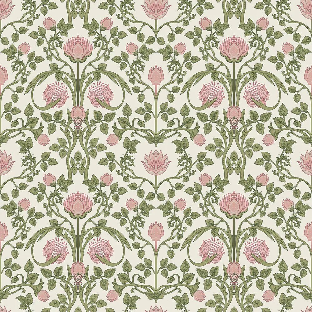 Tulip Garden Wallpaper - Sweet Pink and Olive on Cream - LAN100036 - Lucie Annabel - Premier Wallcovering