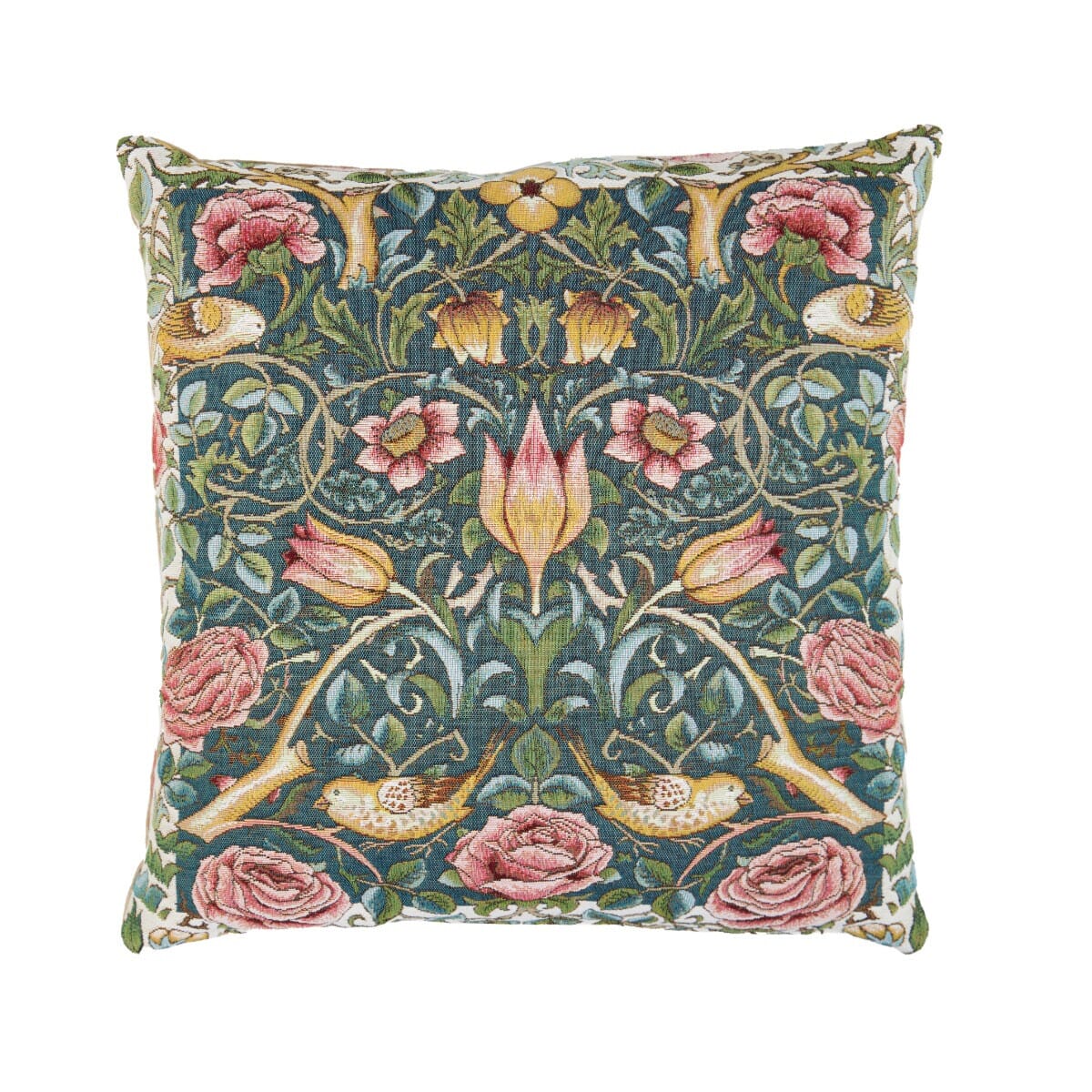 Tulip & Rose Blue Tapestry Cushion with Feather Filler - Hines - 1046 - Morris Wallpaper