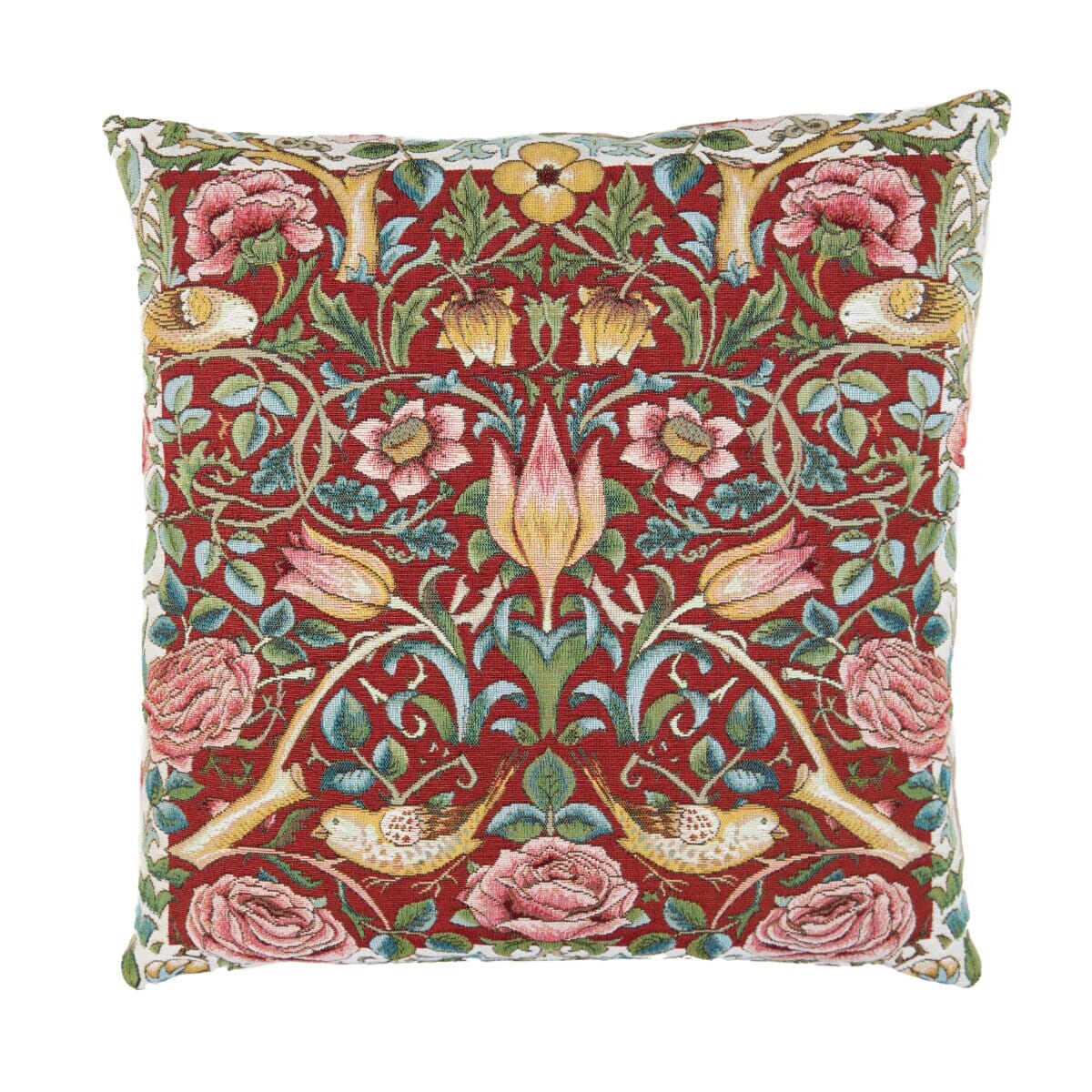 Tulip & Rose Red Tapestry Cushion with Feather Filler - Hines - 1045 - Morris Wallpaper