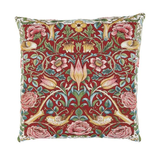 Tulip & Rose Red Tapestry Cushion with Feather Filler - Hines - 1045 - Morris Wallpaper