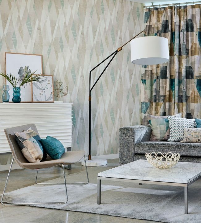 Vertices Wallpaper - Teal/Stone - HGEO111702 - Harlequin - Morris Wallpaper