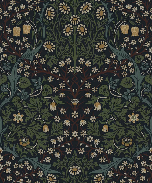 Victorian Garden Peel & Stick Wallpaper - Midnight Blue & Evergreen - NW44522