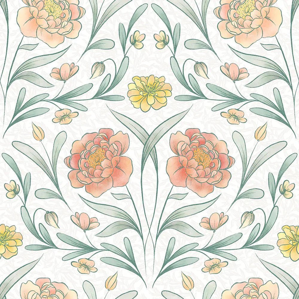 Vintage Trellis Wallpaper - Silt Green, Peach and Yellow - LAN100092 - Lucie Annabel - Premier Wallcovering
