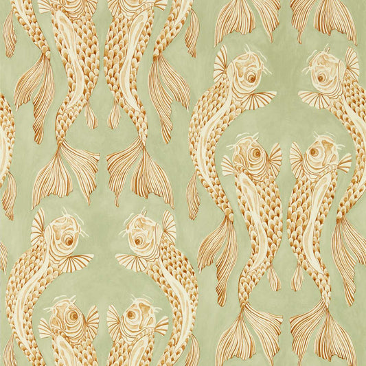 Voyaging Koi Wallpaper - Oriental Green/Honey - DWAW217114 - Sanderson - Morris Wallpaper