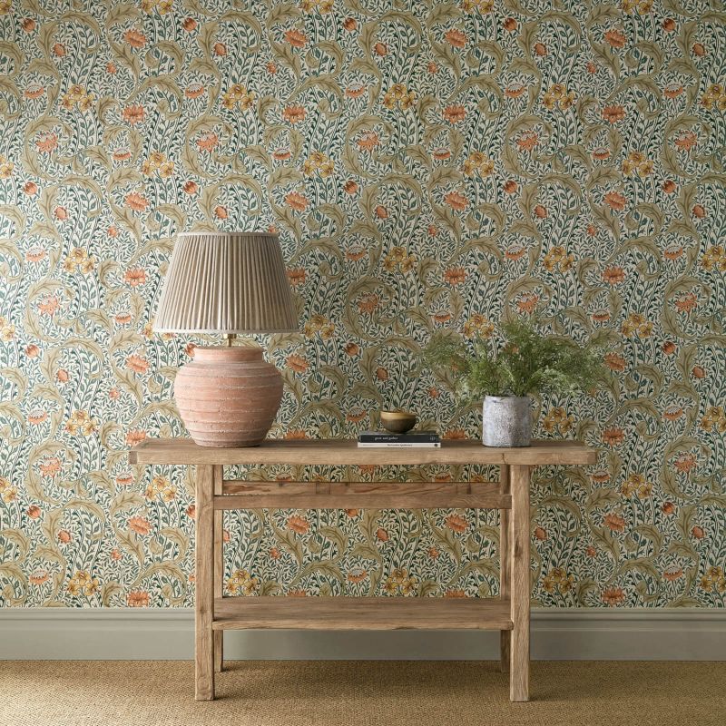 Wild Tulip & Vine Wallpaper - Coral/Teal - Morris & Co - 217578 - Morris Wallpaper