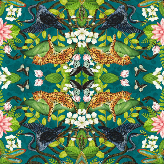 Wonderlust Tea Story Wallpaper - Teal - Clarke & Clarke - W0136/03 - Morris Wallpaper