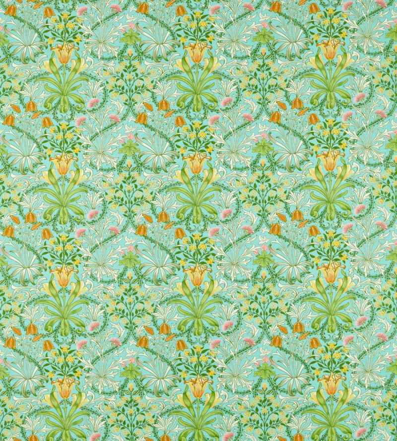 Woodland Weeds Fabric - Orange/Turquoise - Morris & Co - 226991 - Premier Wallcovering